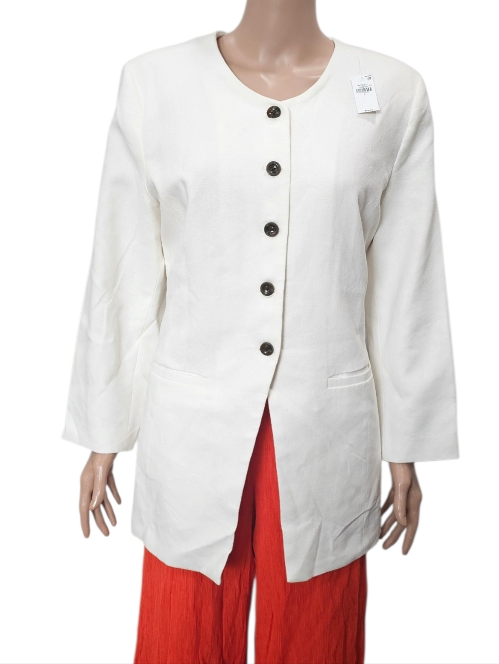 Old Navy Collarless Linen Blend Blazer Buttoned Fitted Long - Picture 4 of 10
